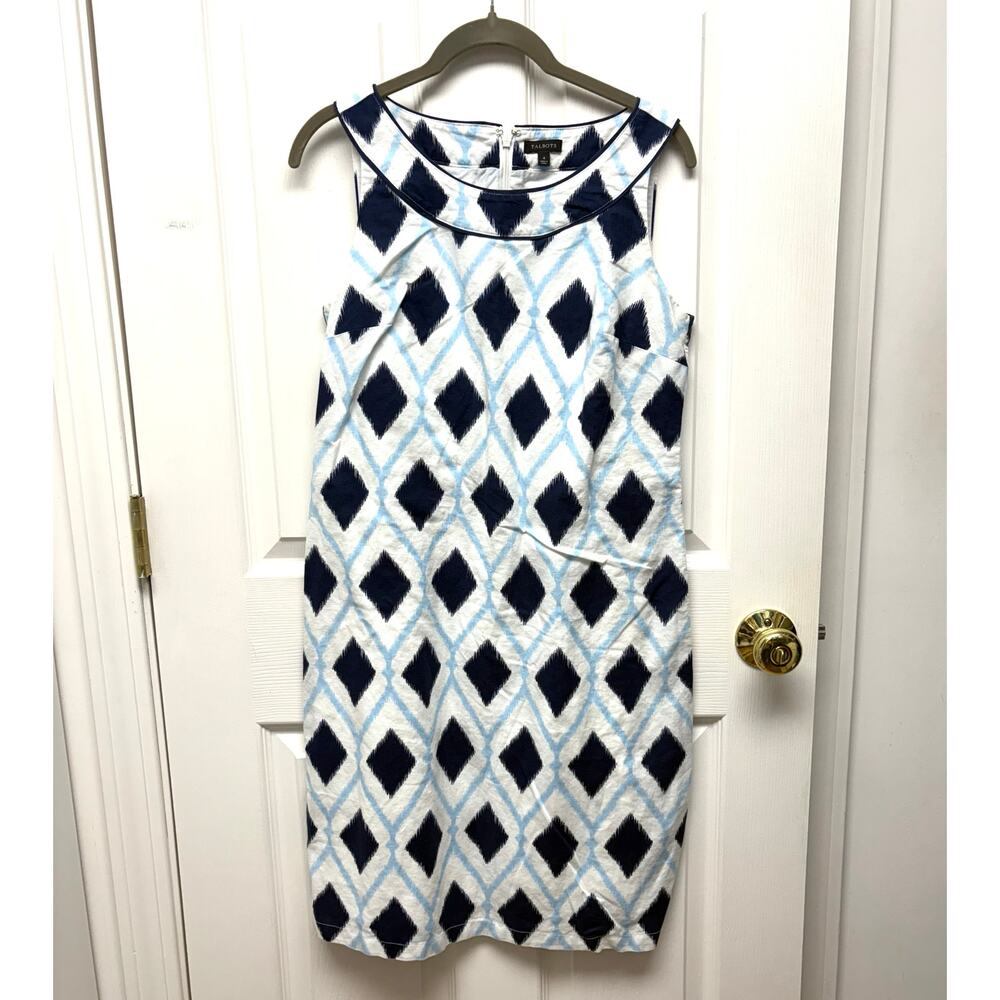 Talbots Dress Linen Blend Lined Sleeveless Sheath, White Navy, Women's Size 4
